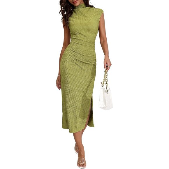 Dresses & Skirts - Women's Bodycon Midi Dress Polyester Ruched Side Slit Casual Wear